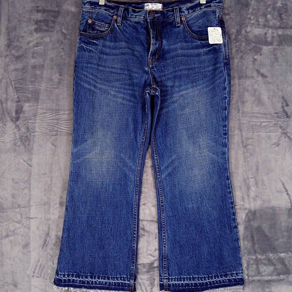 Free People Jeans Womens 31 Blue High Rise Wide Leg‎ Button Fly Cropped NWT